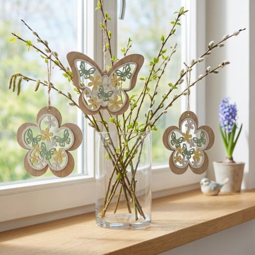Vlinder om op te hangen, houten hanger bloem, lentedecoratie met glitter H11/14,5cm 4st | Floristik24.nl