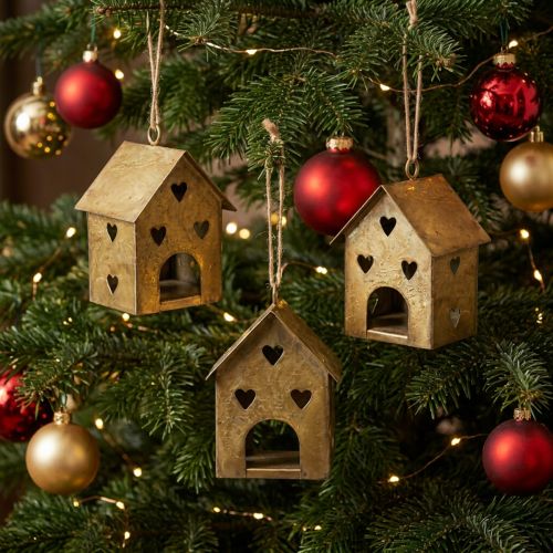 Artikel Kerstversiering, metalen huisje, vintage goud, 9,5 cm hoog, 3 stuks