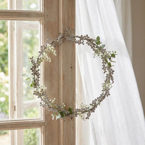 Artikel Raamdecoratie, deurkrans, shabby chic bloemenkrans, metaal, wit, Ø16,5cm