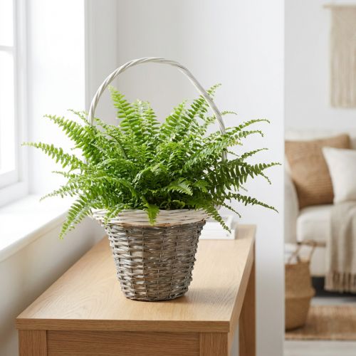 Rieten mand met handvat, grijs en wit, Ø25 cm, H45 cm, decoratieve plantenmand | Floristik24.nl
