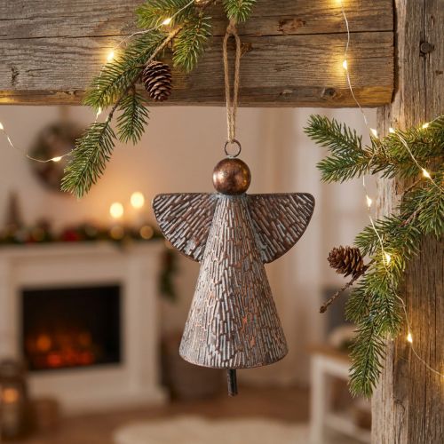 Decoratieve beschermengel metalen bel brons wit vintage shabby chic 21x13.5x24cm | Floristik24.nl