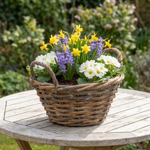 Bloemendecoratie, houten mand met handvatten, natuurlijke plantenbak, white washed H12cm Ø24cm | Floristik24.nl