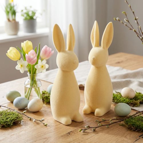 Decoratieve Paashaas – 2e keus – Gevlokt lichtgeel H29,5cm 2 st. | Floristik24.nl