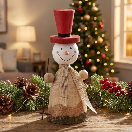Sneeuwpop van hout decoratief figuur met hoed rood naturel H20,5cm | Floristik24.nl