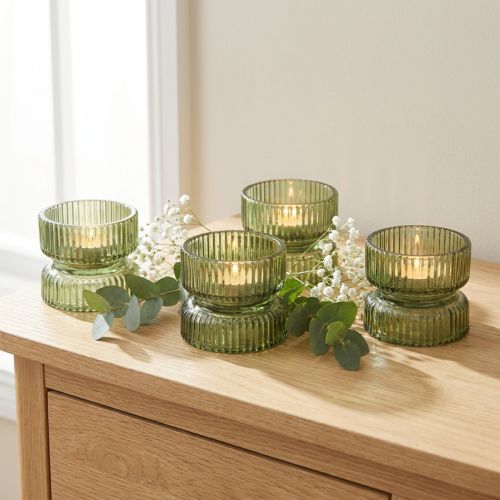 Decoratieve, geribbelde glazen theelichthouders, groen, Ø9 cm, H7 cm, 4 stuks | Floristik24.nl