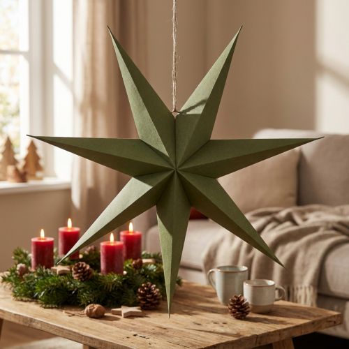 Decoratieve ster van papier en jute om op te hangen, een feestelijke blikvanger. | Floristik24.nl