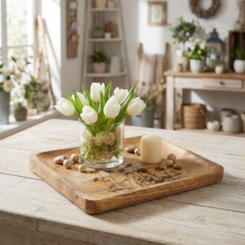 Decoratief dienblad van mangohout met bloemenpatroon, 25 x 20 cm. | Floristik24.nl
