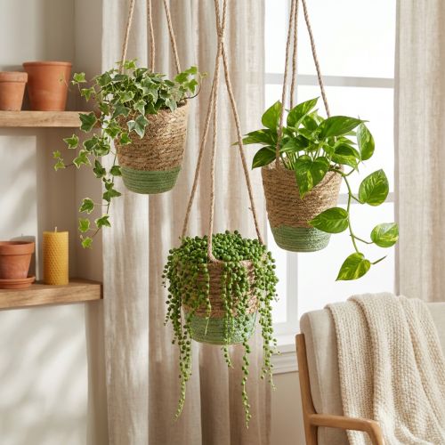 Artikel Hangende bloemenmand, natuurlijke mand, plantenbak om op te hangen, natuurlijke kleuren, groen, Ø19/17/15 cm, set van 3