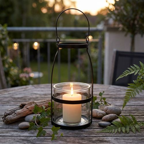 Lantaarn glas met handvat kandelaar zwart H25cm | Floristik24.nl