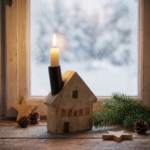 Decoratieve houten kaarsenhouder in de vorm van een huis, zwart, 10,5×3,5×13 cm | Floristik24.nl