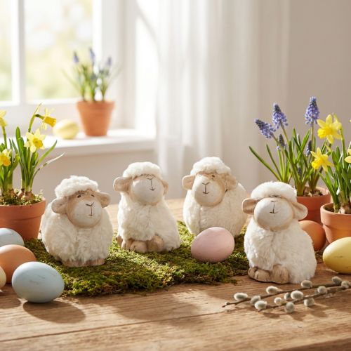 Paasdecoratie schapen keramiek decoratie Paascrème 9,5×6×9cm 4 st | Floristik24.nl