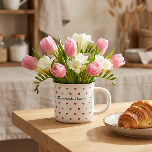 Beker met hartjes keramiek wit rood Ø9cm H9cm | Floristik24.nl
