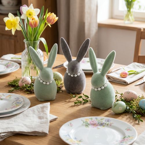 Paashaasdecoratie met parelketting, konijn voor de woonkamer en paastafel, 13 cm, 3 stuks | Floristik24.nl