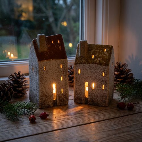 Artikel Keramische huisdecoratie met schoorsteen, theelichthuisje, herfst en winter, 13 cm, 2 stuks