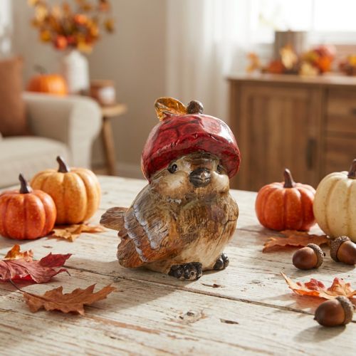 Artikel Decoratief vogelbeeldje met rode appelmuts, herfstdecoratie, 13 cm