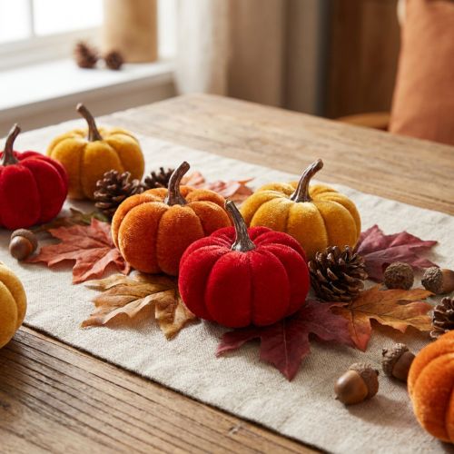Artikel Decoratieve pompoenenset van fluweel in drie kleuren, mini-pompoenen van 5 cm, 12 stuks