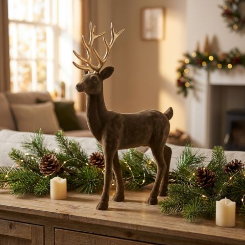 Decoratief hert decoratief figuur decoratief rendier gevlokt bruin H46cm | Floristik24.nl