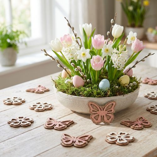 Strooidecoratie hout bloemen/vlinders wit/roze Ø4cm 36st | Floristik24.nl