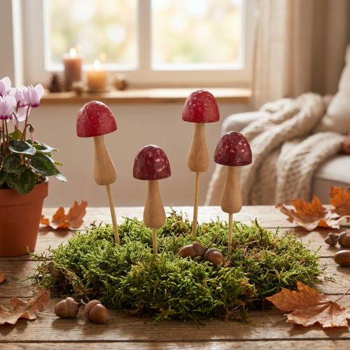 Bloemstokjes, paddenstoelmotief, houten stokjes, rood, Ø2,5 cm, 8 stuks | Floristik24.nl