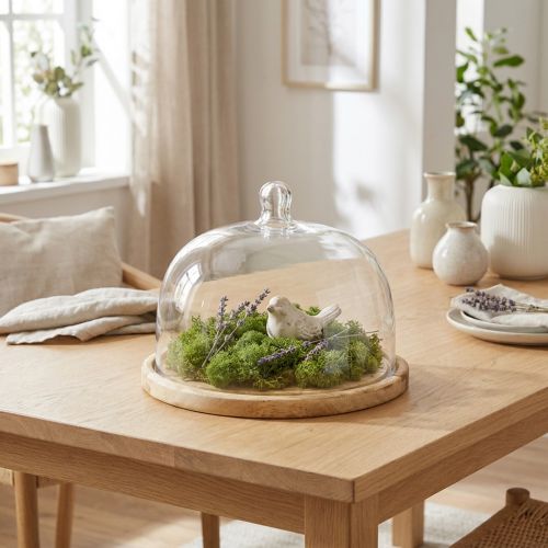 Artikel Glazen stolp met houten plaatdecoratie kaasstolp Ø22cm H16.5cm