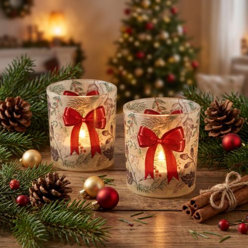 Artikel Glazen votiefkaarsenhouder met kersttakjes en rood lint, 8 cm, 2 stuks