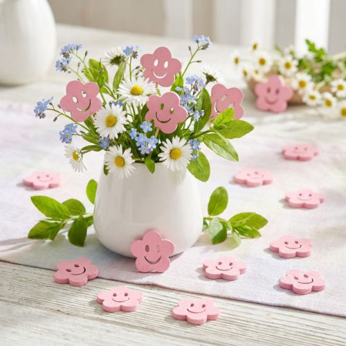 Artikel Houten bloem met gezicht roze 2,5 cm 48 st