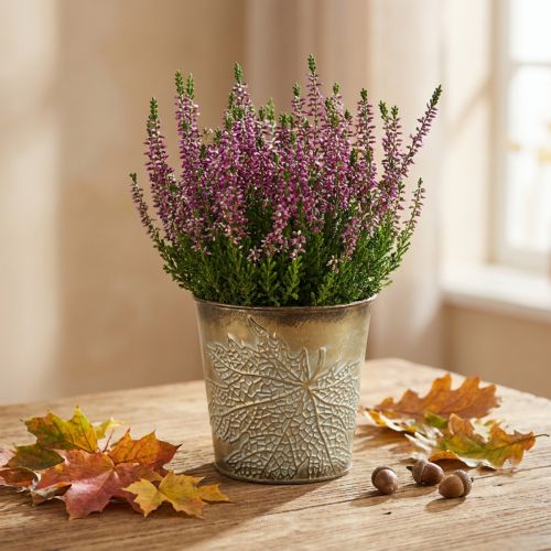 Planter voor de herfst, metalen pot met bladdecoratie, gouden plantenbak Ø10cm H10cm | Floristik24.nl