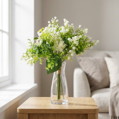 Decoratief kunstbloemenboeket, groen en wit, 36 cm lang, kunstbloemendecoratie voor tafel, vaas en vensterbank, eucalyptus en bloesems | Floristik24.nl