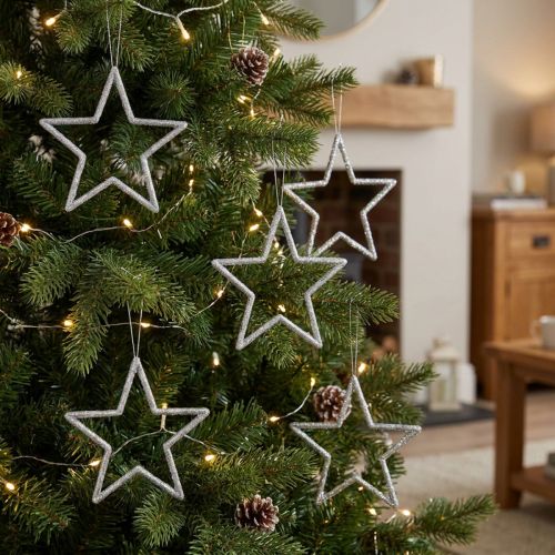 Kerstdecoratie sterhangers, zilveren glitter, 12cm, 12 stuks, kerstboomversiering, kerstboomversieringen | Floristik24.nl