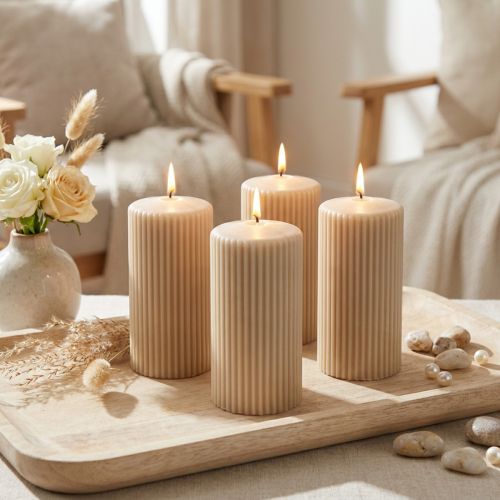 Pilaarkaarsen, beige, gegroefd, 70/130 mm, 4 stuks | Floristik24.nl