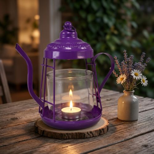 Theelichthouder glazen lantaarn theepot paars Ø15cm H26cm | Floristik24.nl