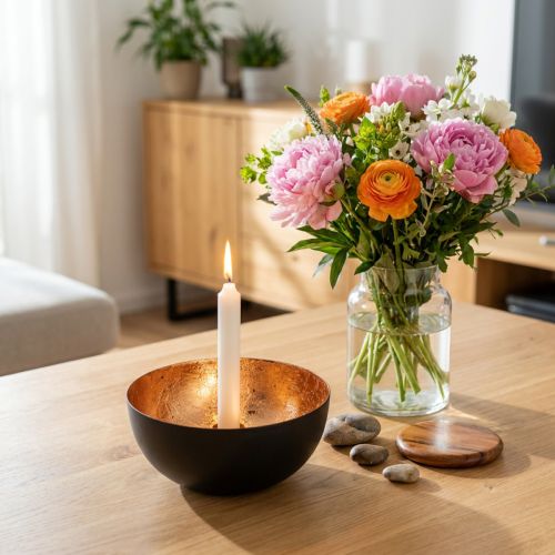 Zwarte en bronzen kaarsenhouder, geschikt voor taps toelopende kaarsen, Ø13cm H6cm | Floristik24.nl