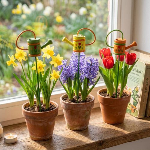 Bloemenplug gieter hout groen, geel, oranje assorti 7,5cm x 5,9cm H30,5cm 12 st | Floristik24.nl