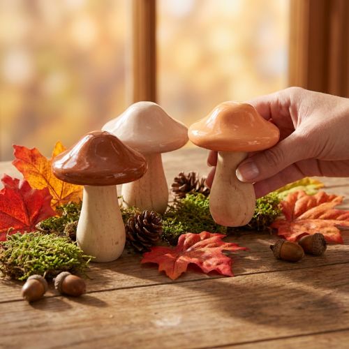 Decoratieve houten paddenstoelen, bruin, beige, oranje, Ø7,5 cm, H10 cm, 3 stuks | Floristik24.nl