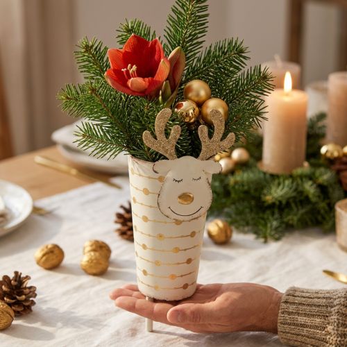 Rendier plantenpot, adventsdecoratie, metalen decoratie, plantenbak voor Kerstmis wit, goud H28cm Ø8.5cm | Floristik24.nl