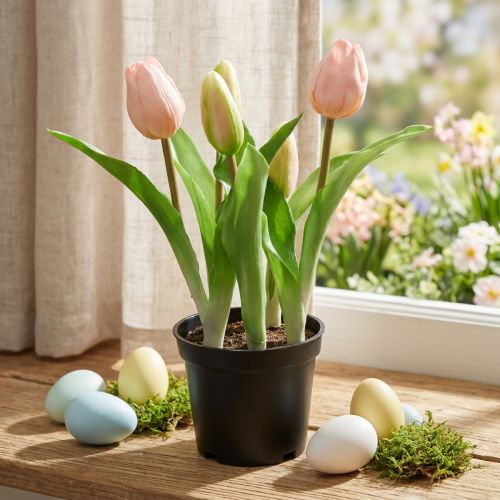 Artikel Tulp roze, groen in pot Kunstpotplant decoratieve tulp H23cm