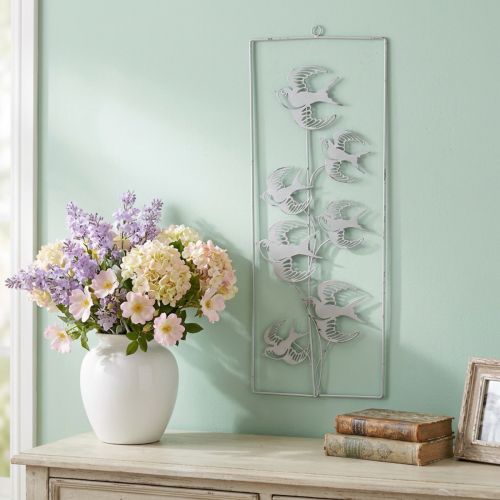 Zwaluwdecoratie, wanddecoratie van metaal, vogels om op te hangen wit, zilver shabby chic H47,5 cm | Floristik24.nl
