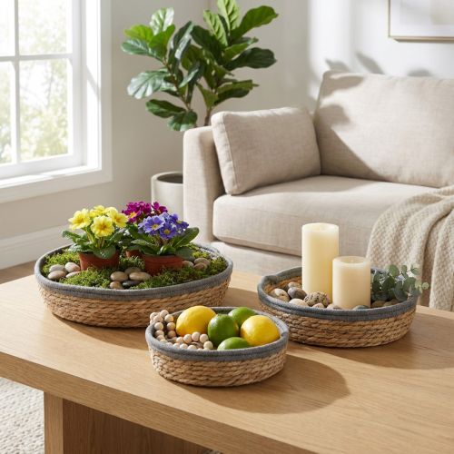 Ronde mandenset, naturel, gevlochten plantenbakken & decoratieve schaal, 3-delige set Ø33/30/25cm H8/7cm | Floristik24.nl