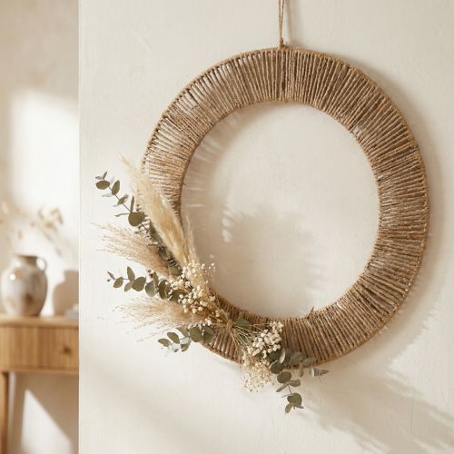 Zomerse wanddecoratie, boho-stijl, jute en metaal, Ø49cm, hangende decoratie, krans van gedroogde bloemen, vintage stijl | Floristik24.nl