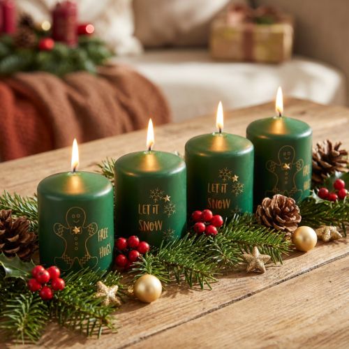Groene kerstkaarsen, set van 4, Ø5cm, H6cm, Adventsdecoratie | Floristik24.nl