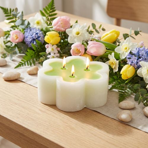 Artikel Kaars met drie lonten groen witte vorm bloem Ø11,5cm H4cm