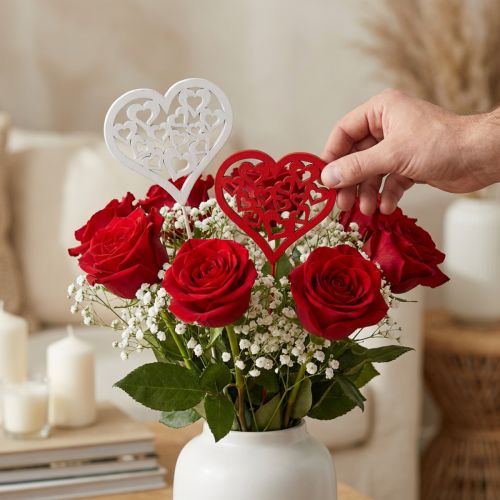 Bloemsteker hart rood, wit sierstekker Valentijnsdag 7cm 12st | Floristik24.nl
