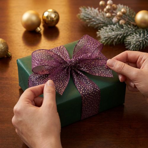Decoratief lint paars met gouden stippen, maatvast, 25 mm, 20 m | Floristik24.nl