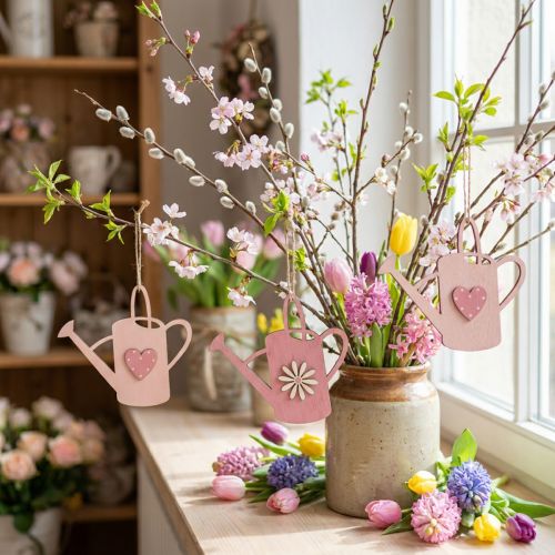 Hangende decoratie houten gieter deco roze deco hanger 14x12cm 6st | Floristik24.nl