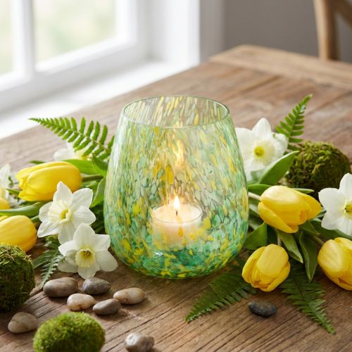 Theelichthouder glasdecoratie geel groen patroon Ø6,5cm H10cm | Floristik24.nl