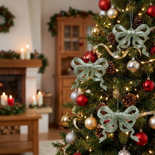 Kerstboomversiering strik 9 cm met groene glitter 12 stuks | Floristik24.nl