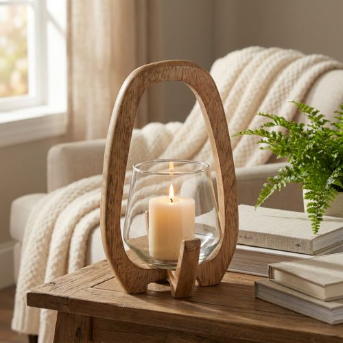 Lantaarn hout glaslantaarn woonkamer decoratie Ø12cm H20cm | Floristik24.nl