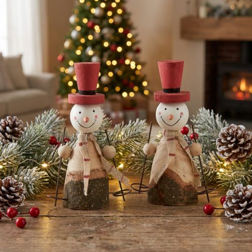 Artikel Schattige set van 2 houten sneeuwpoppen met rode hoge hoeden - Wintertafeldecoratie - Natuurlijk en rood, 15,5 cm 2 stuks
