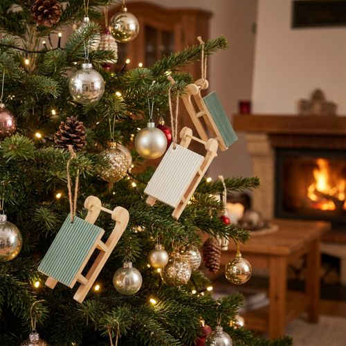 Decoratief sleehout om op te hangen mintgroen wit 9,5cm 6st | Floristik24.nl