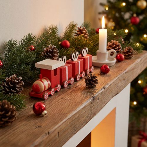 Houten trein met geschenkdozen, rood en wit, set van 2, 18x3x4,5 cm - Kerstdecoratie | Floristik24.nl